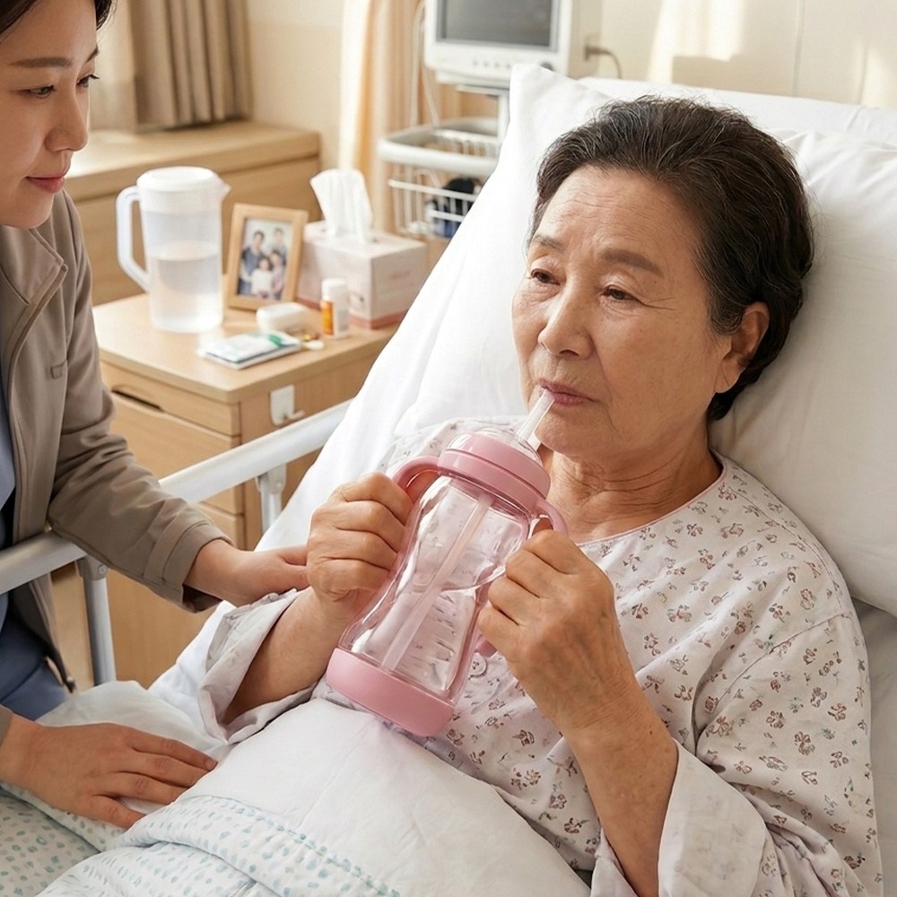 성인 요양원 손잡이 빨대물병 흘림방지 350ml